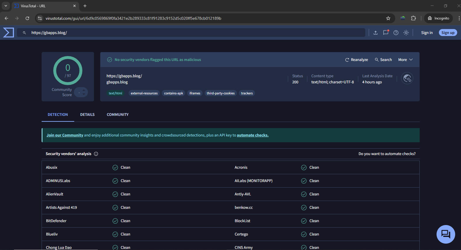 Virus total report of gbapps.blog